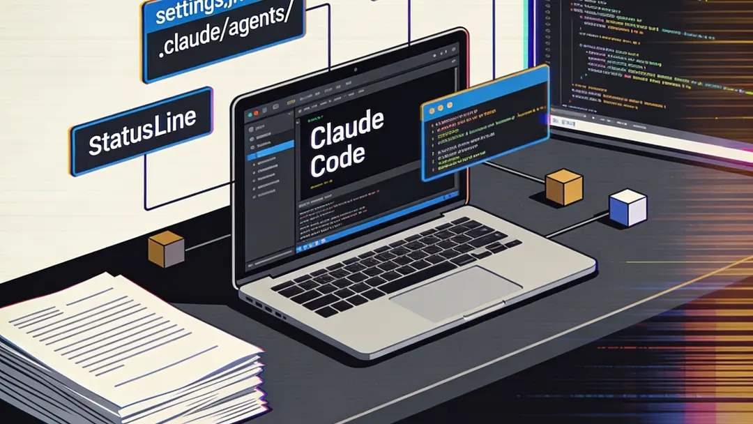 Editorial illustration of a developer terminal showing Claude Code configuration layers, hooks, subagents, and status indicators arranged like a hidden manual.