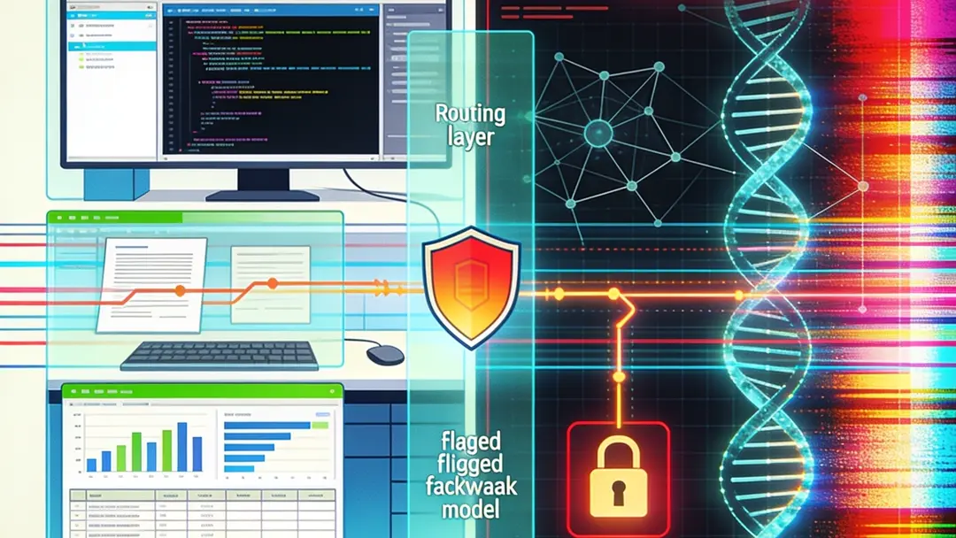 Editorial illustration for an article about Claude Fable 5 and Claude Mythos 5, showing two AI product paths with safety routing and restricted-access cues.