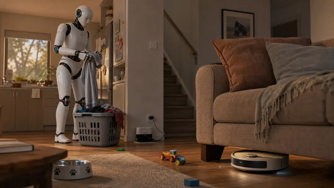 A human-like home robot standing in a modern kitchen beside a robot vacuum, suggesting the future of household automation.
