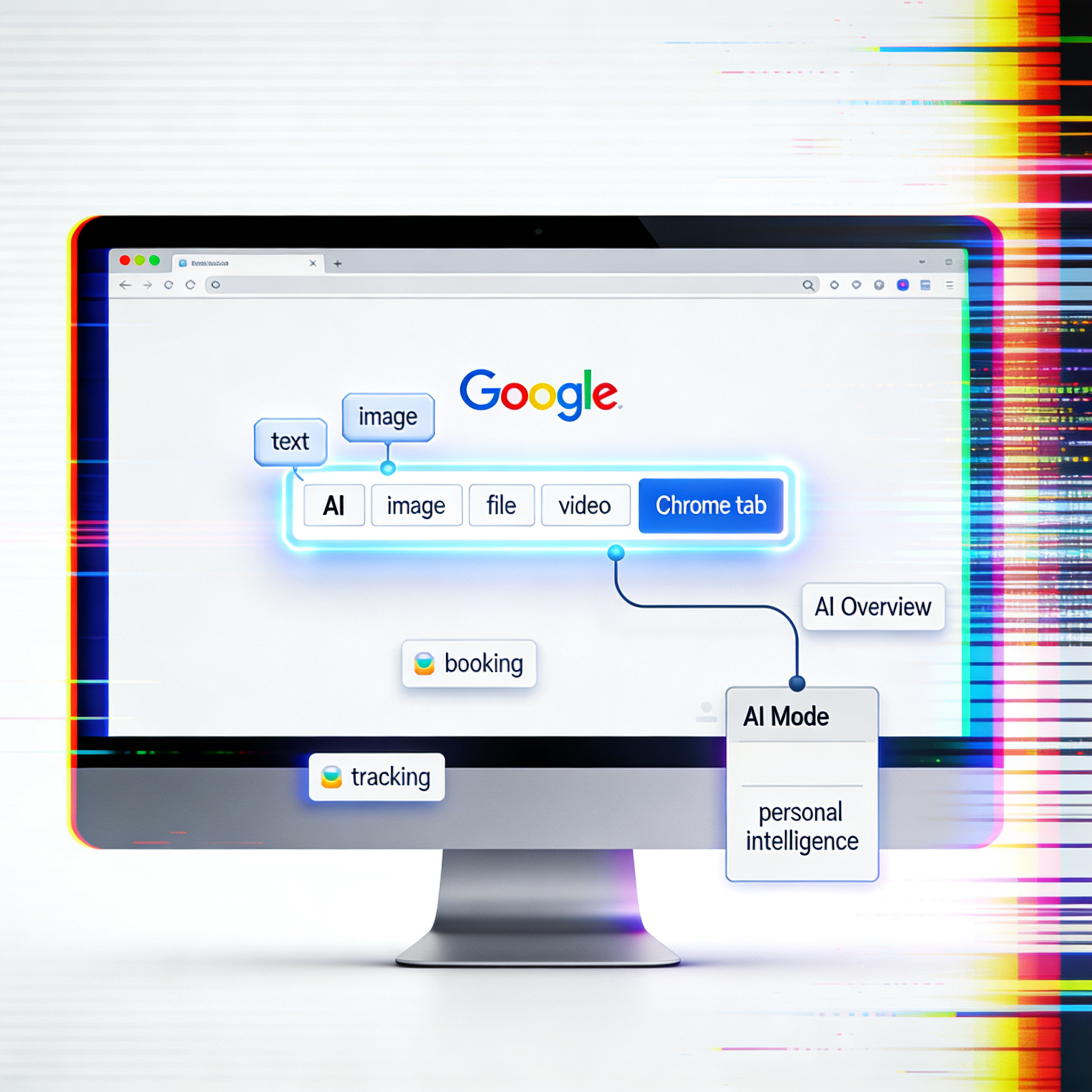 Google homepage search interface with AI features highlighted, including multimodal inputs and conversational search tools