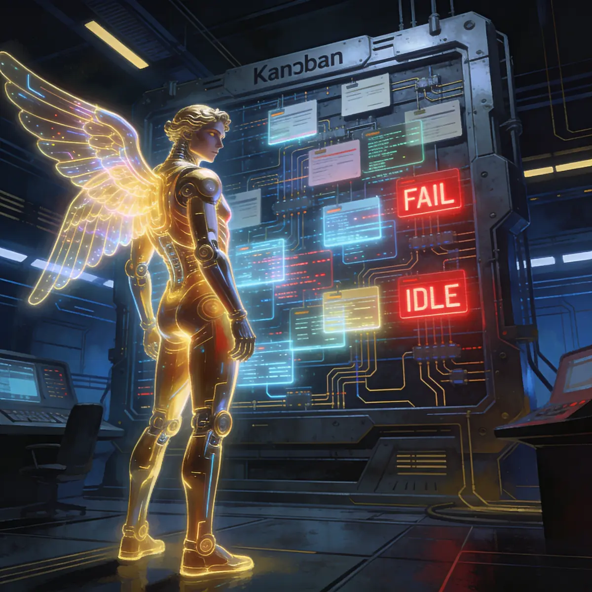 Digital visualization of an AI agent trapped in a glowing neon Kanban board grid