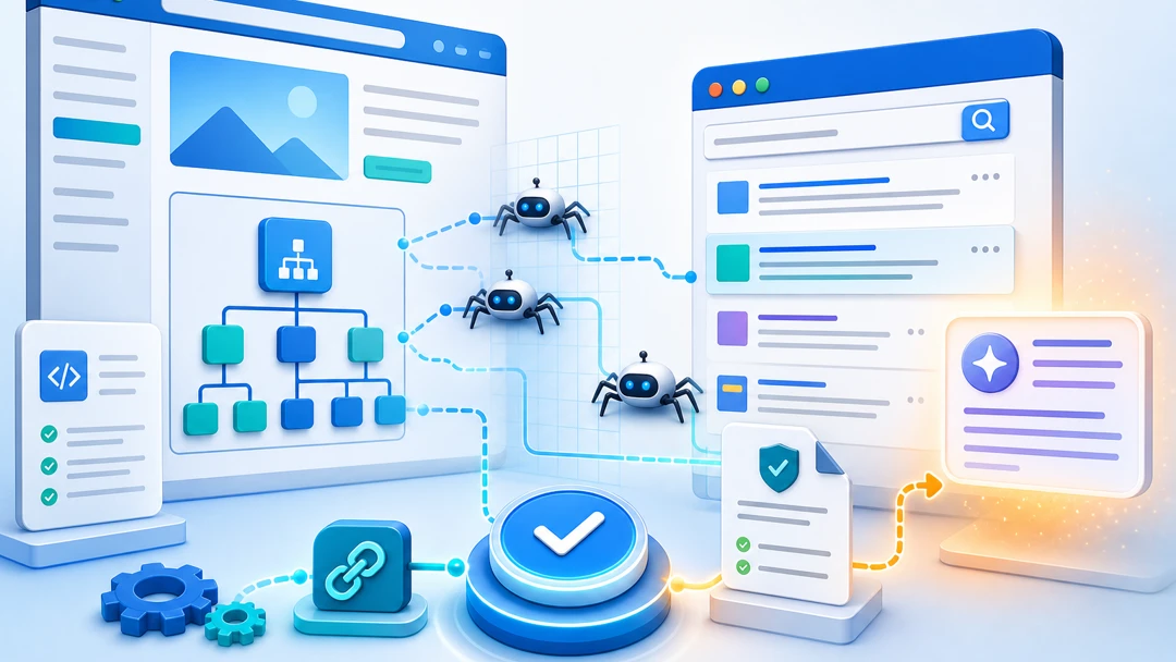 Illustration of a website being discovered by search engine crawlers and surfaced in AI-driven search results through indexing, sitemaps, canonical signals, and structured data.