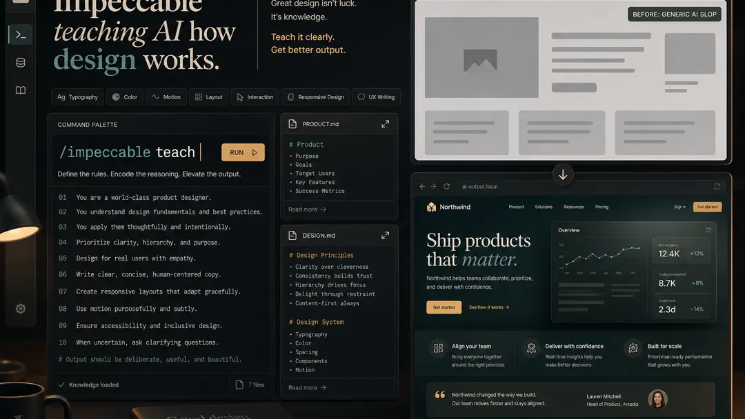 Illustrated concept showing an AI interface being guided by design disciplines including typography, color, motion, spatial layout, interaction, responsive design, and UX writing.