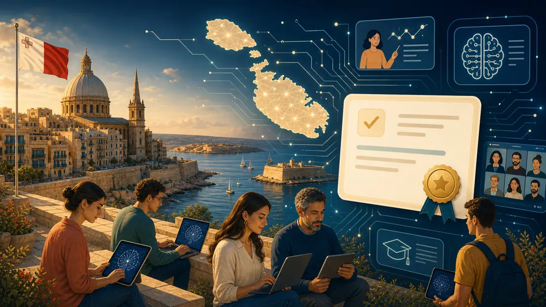 Editorial illustration of Malta leading a national AI literacy programme that unlocks ChatGPT Plus access for citizens and residents after course completion.