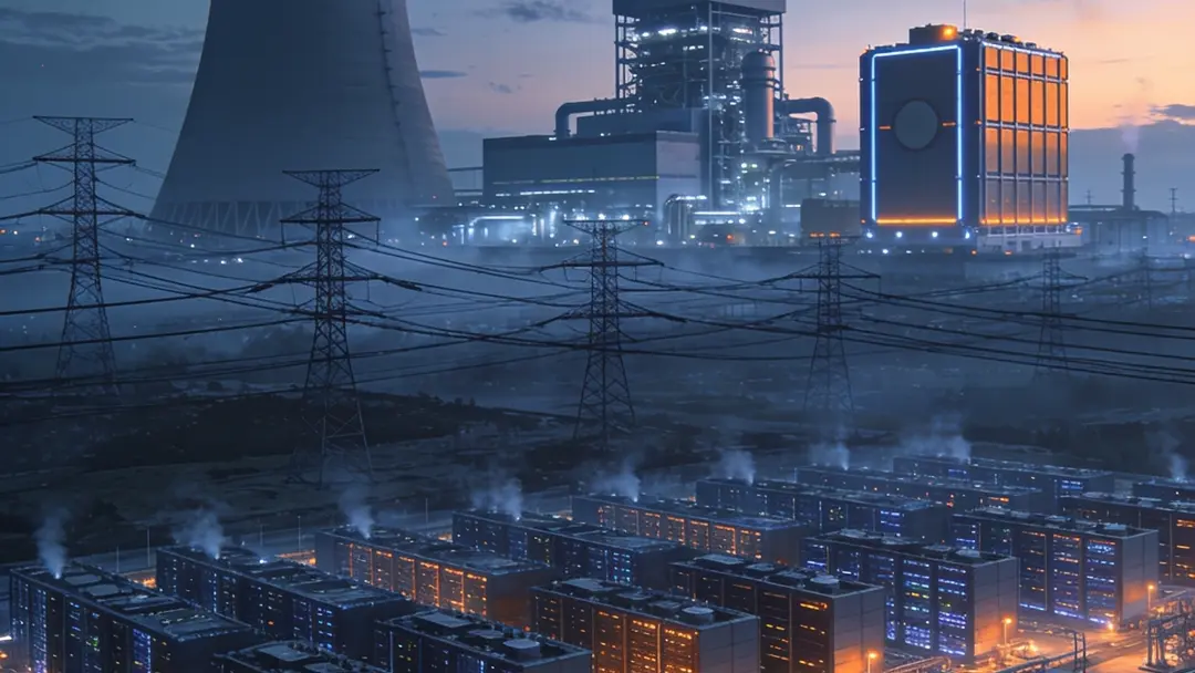 Illustration of a large AI data centre campus connected to nuclear power infrastructure, representing Meta's long-term energy deals for AI operations.