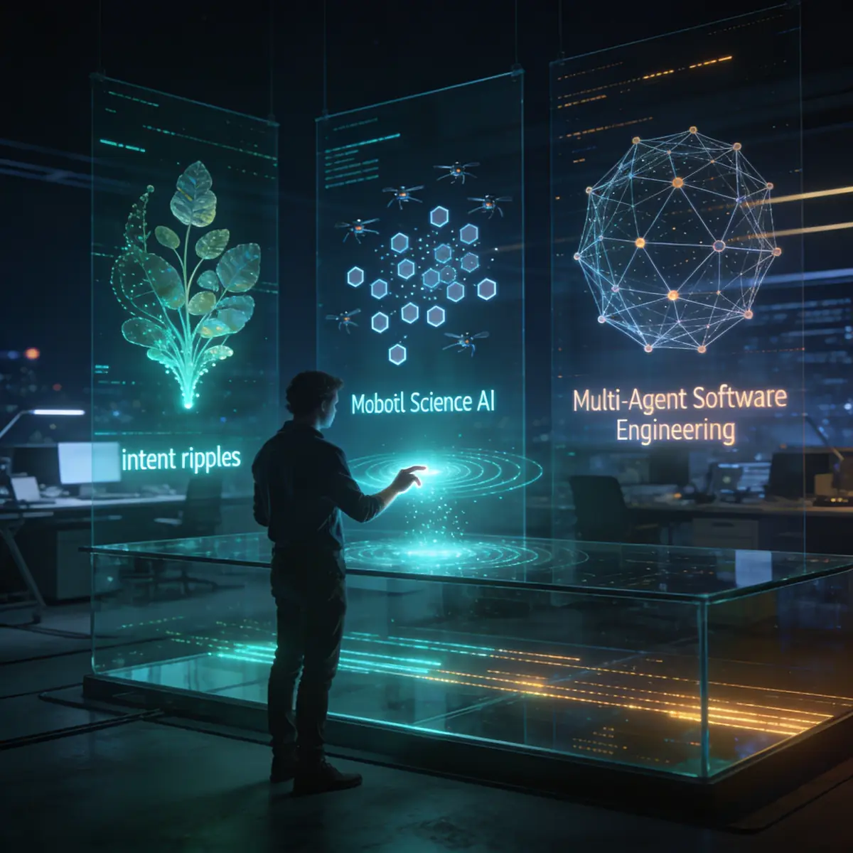 Digital visualization of futuristic AI agents and vibe coding concepts