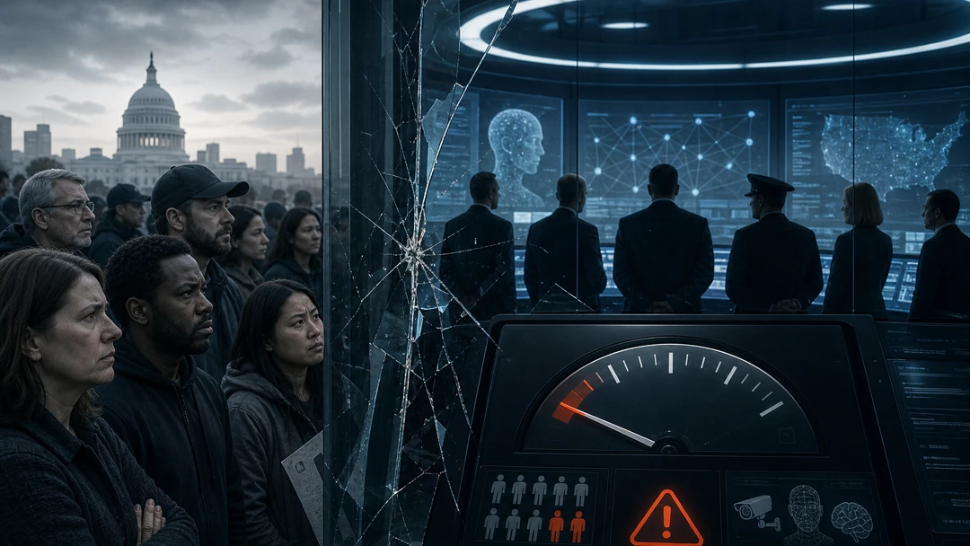 Editorial illustration showing a crowd of Americans facing glowing AI interfaces and distant corporate and government silhouettes, conveying public distrust in the institutions shaping artificial intelligence.