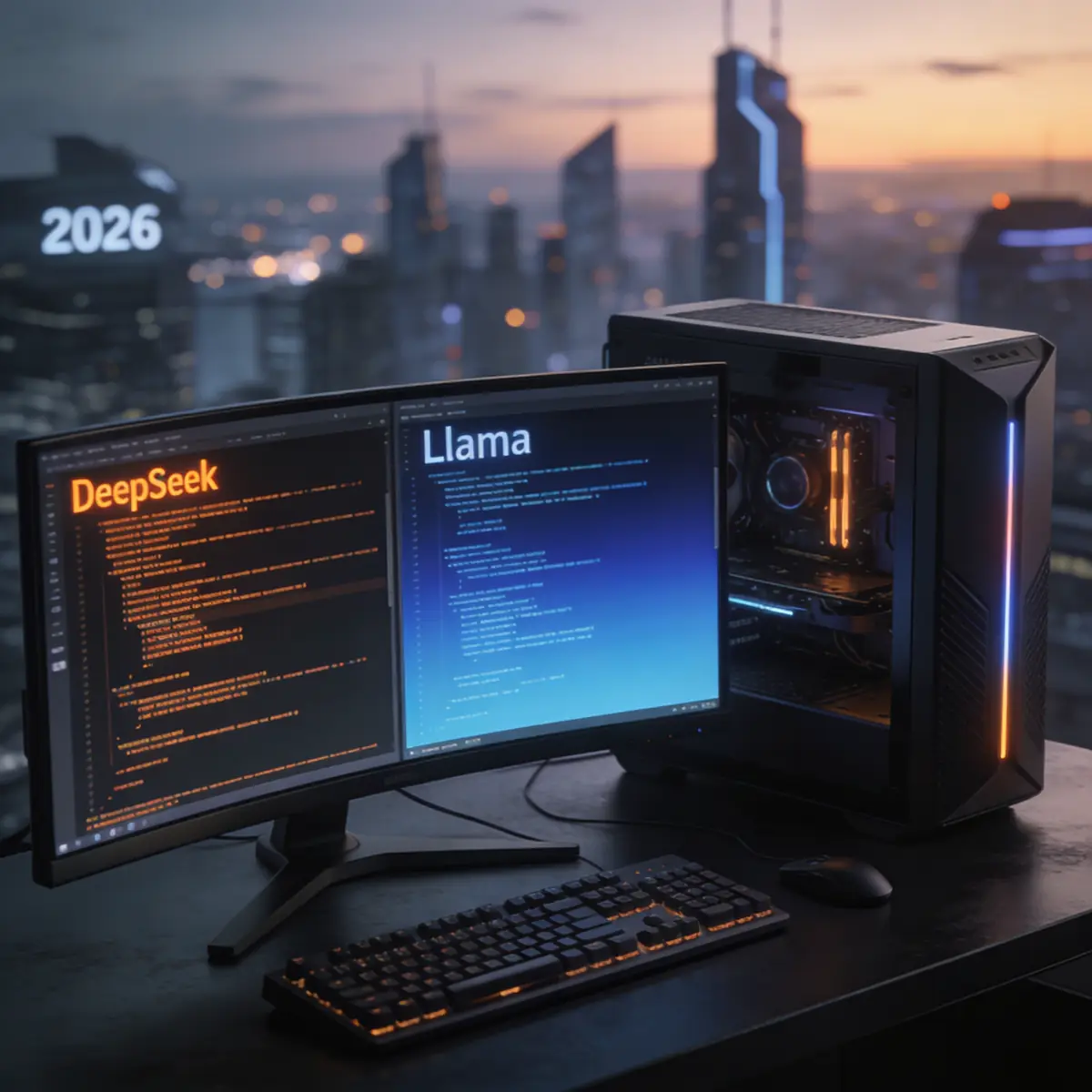 Digital visualization of open source AI model weights and local workstation hardware