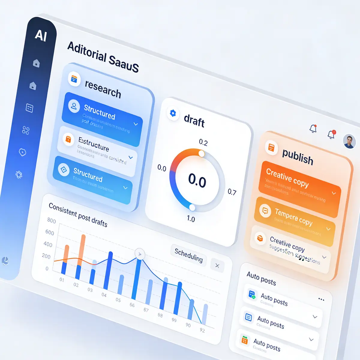A control panel for AI auto-post agents showing a temperature dial set low for stable, consistent publishing.
