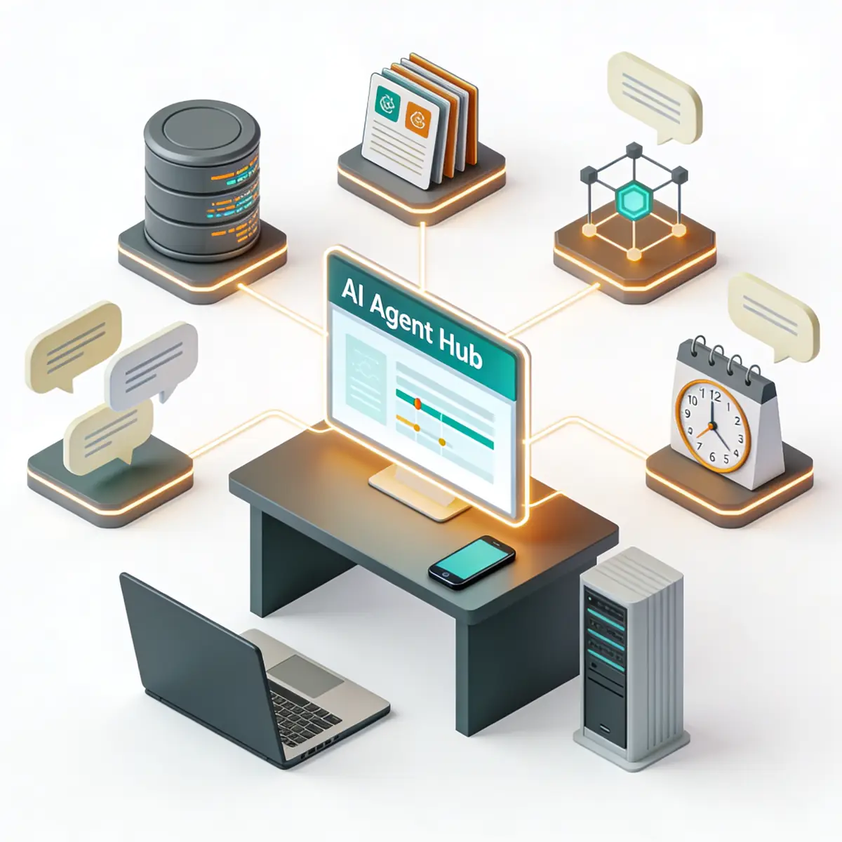 Abstract illustration of Hermes Agent as a connected AI runtime with memory, skills, tools, messaging, and scheduled automation modules